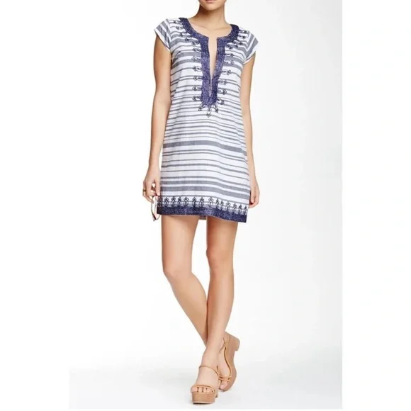 Calypso St. Barth Ro Striped Navy and White Embroidered Tunic Dress XS - Picture 2 of 8